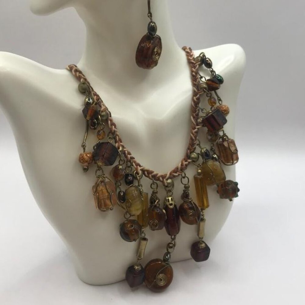 Antique Gold-Tone & Braided Glass Bead Necklace & Earrings Set - Picture 2 of 10